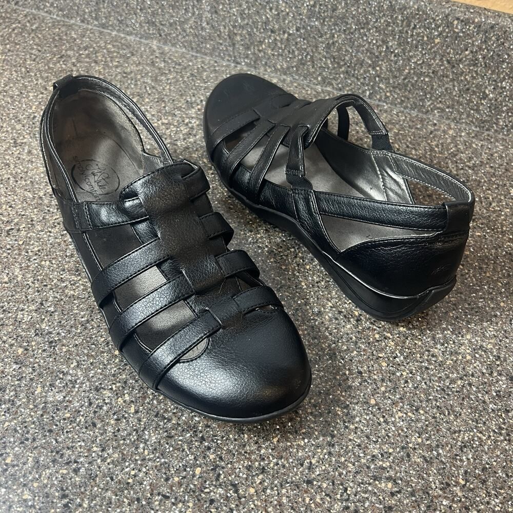 LifeStride Women's 9 W Black Faux Leather Slip On Comfort Casual Fisherman Shoes
